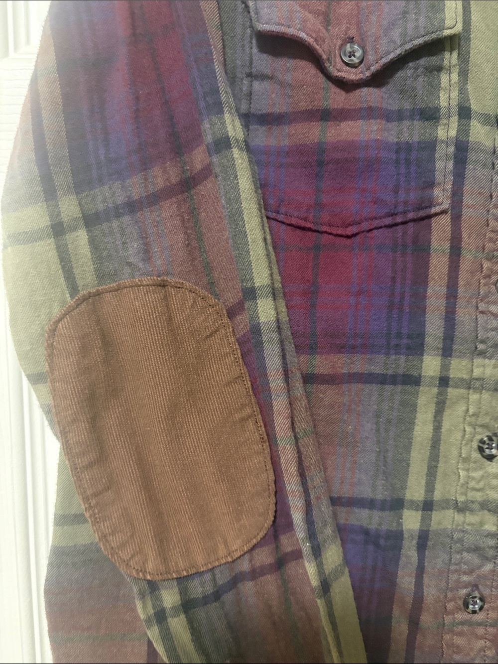 Kavu Olive and Burgundy Plaid Button-Down Shirt with Brown Elbow Patches - Picture 4 of 11